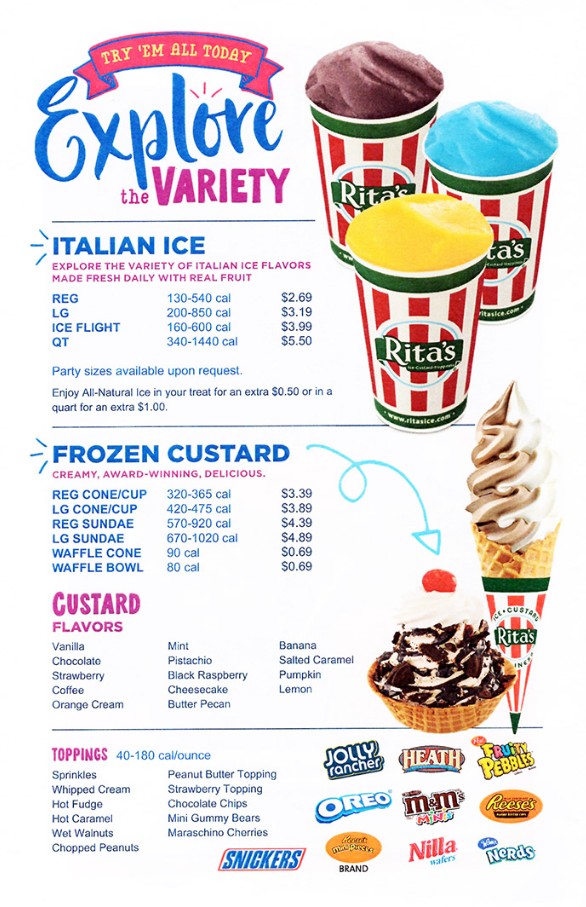 Rita's Italian Ice & Frozen Custard Restaurant Menu – Italian Ice ...